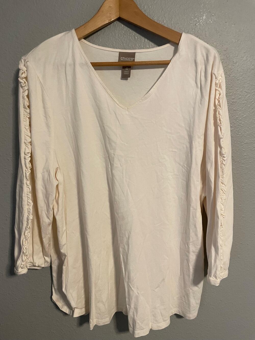 Chicos Womens Top Size 4 US XXL Cream V Neck Ruched 3/4 Sleeve Neutral Casual